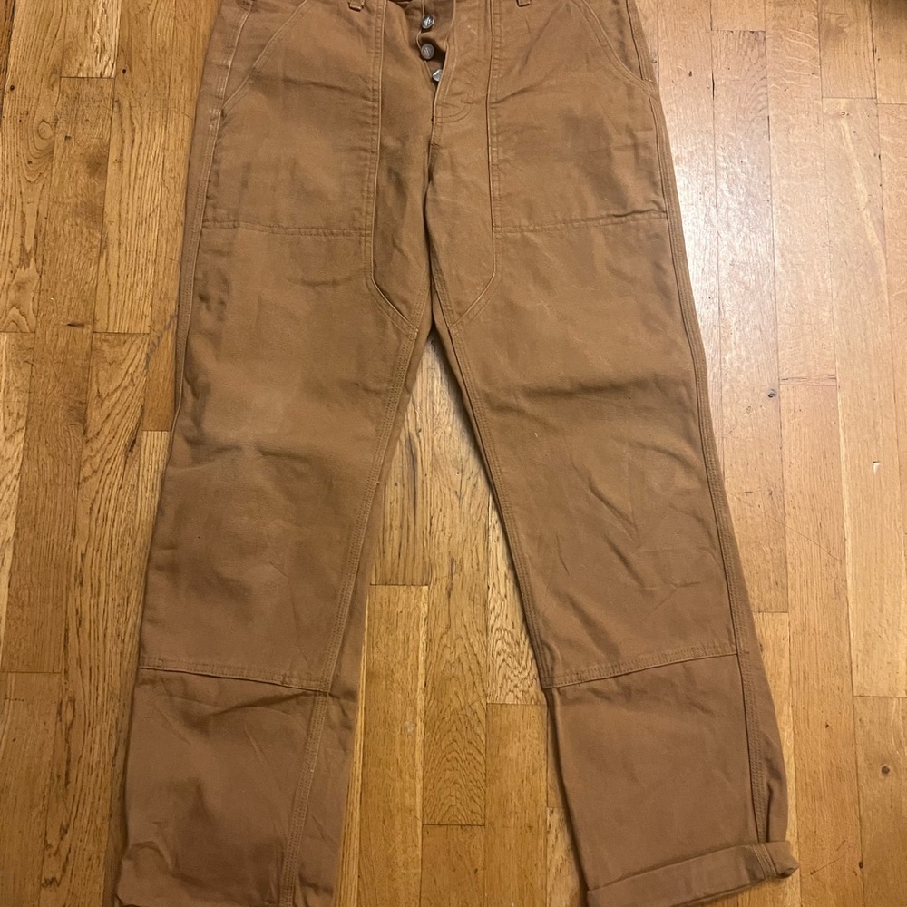 Topo Designs Men's Chore Pants in Caramel Brown Carhartt style